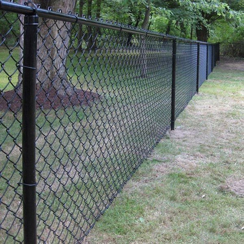 Black chain link fence along grassy area with trees in the background. Durable outdoor barrier.